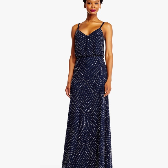 Adrianna Papell Art Deco Beaded Blouson Navy Full Length Formal Gown - Picture 4 of 14